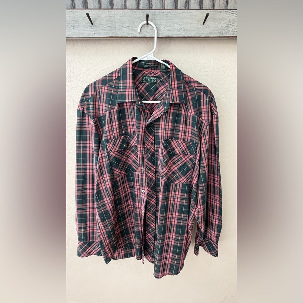 Mens J. Forest & Co Vtg Western Shirt Sz L Pearl Snaps Pink Black Plaid